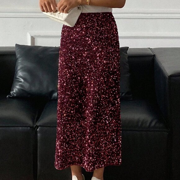 Burgundy Party Women's Sequin Embellished Elegant Side Slit Skirt - Picture 3 of 5